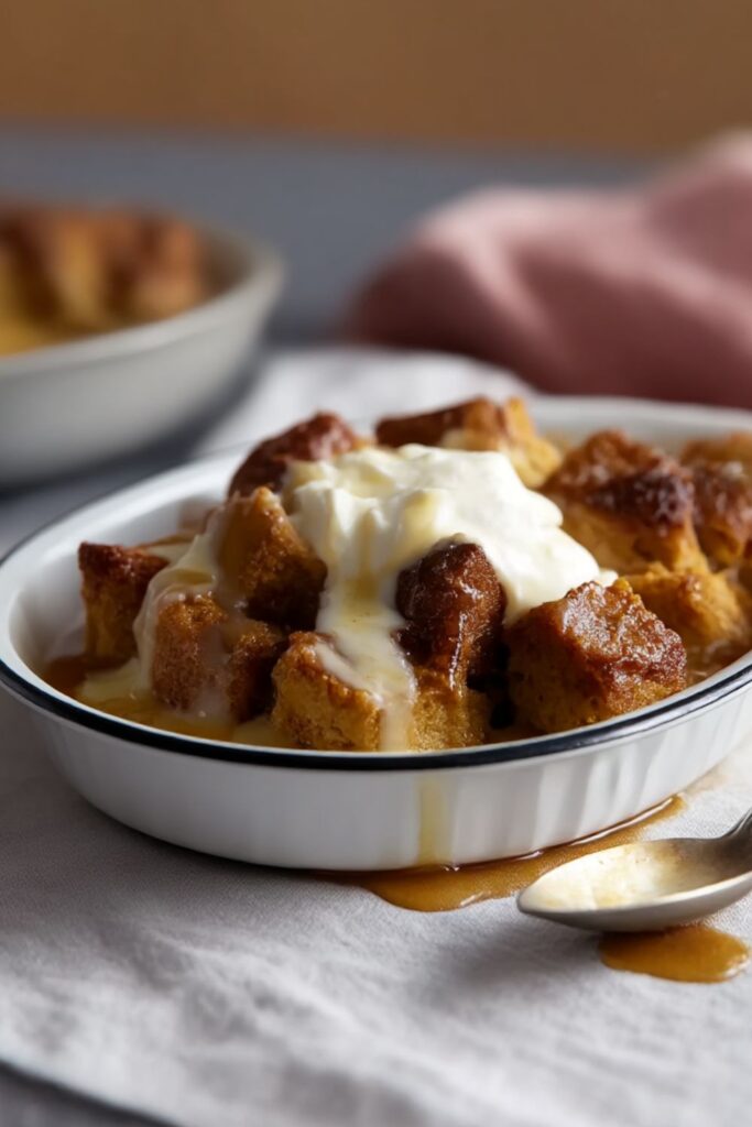 Pumpkin Bread Pudding With Spicy Caramel Apple Sauce And Vanilla Bean Creme Anglaise Recipe