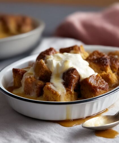 Pumpkin Bread Pudding With Spicy Caramel Apple Sauce And Vanilla Bean Creme Anglaise Recipe