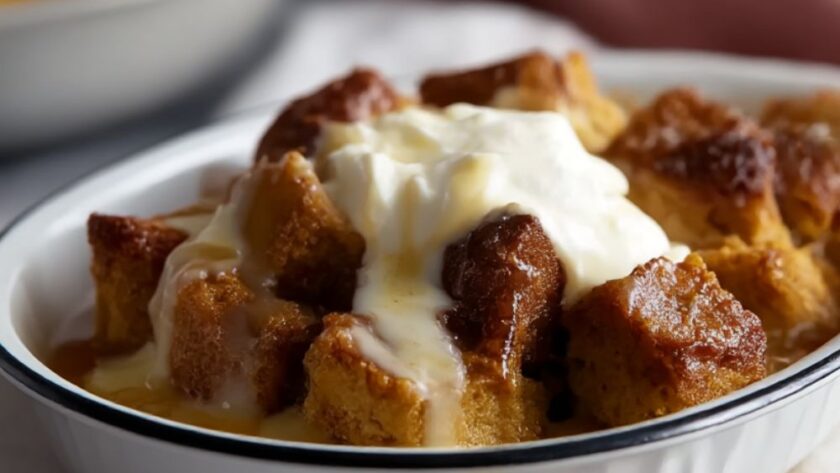 Pumpkin Bread Pudding With Spicy Caramel Apple Sauce And Vanilla Bean Creme Anglaise Recipe